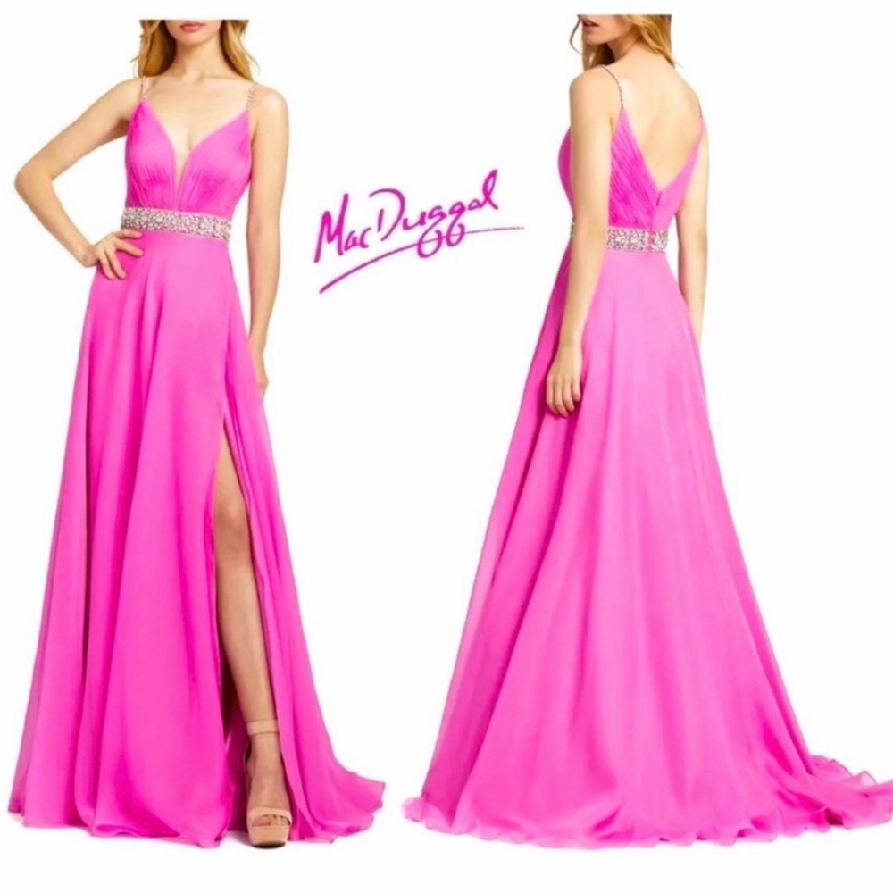 Mac Duggal Pink Backless Slit Maxi Dress
